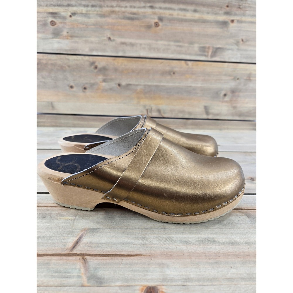 Cape Clogs Metallic Gold Leather Wood Sole Swedish Mules Womens Size 39 US 8.5